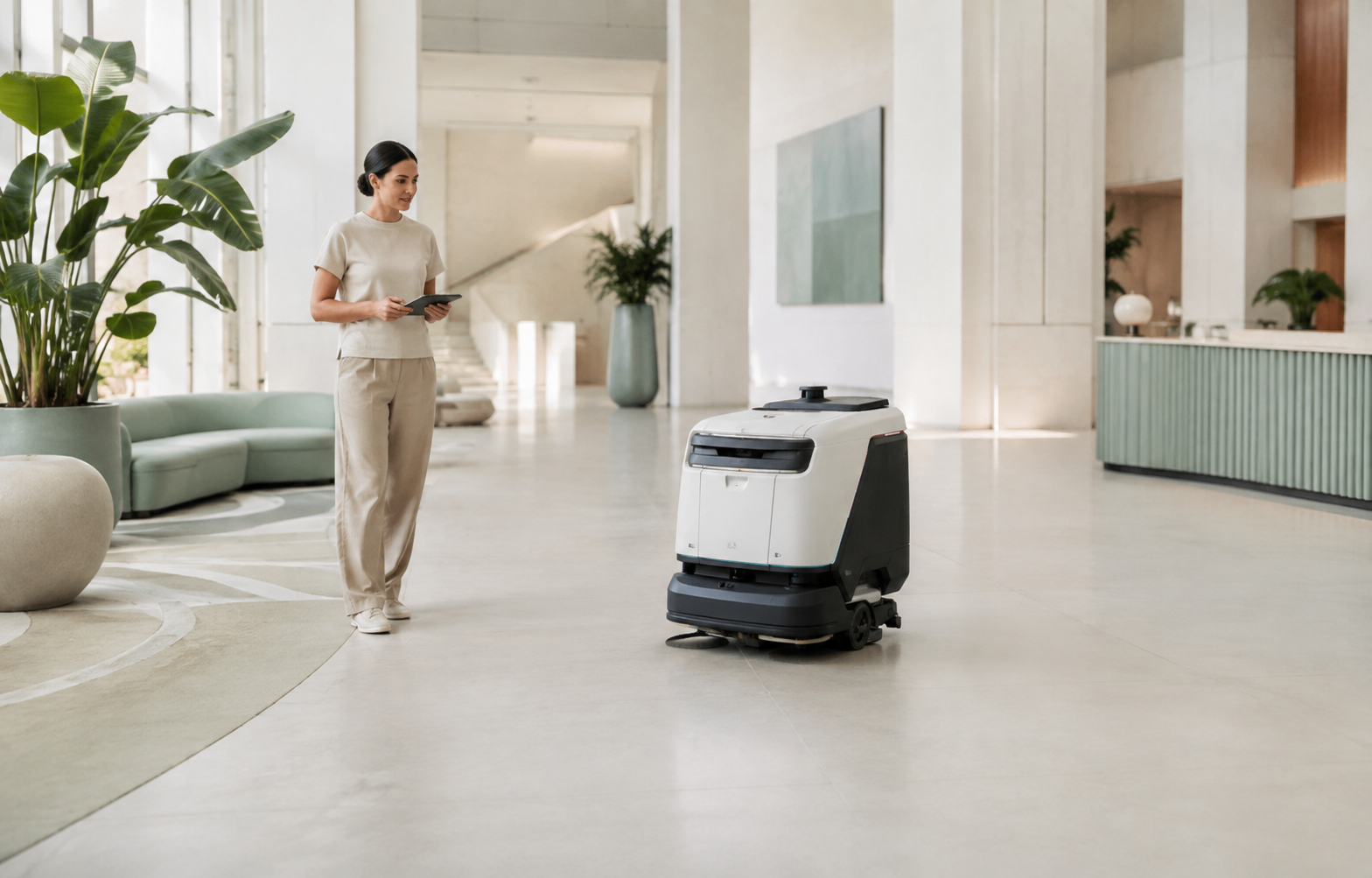Robot de servicio integrado en el lobby de un hotel contemporáneo